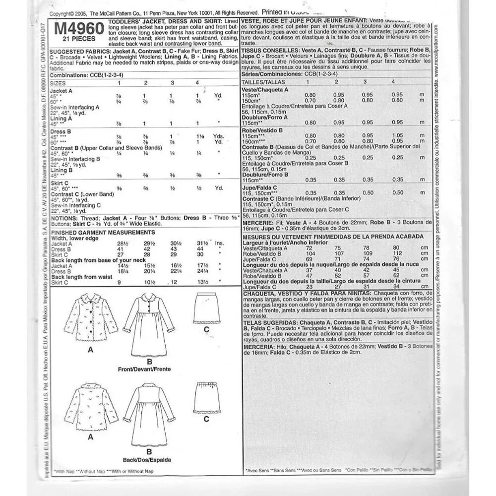 McCall's Sewing‎ Pattern 4960 Toddlers Jacket Dress and Skirt Size 1-4